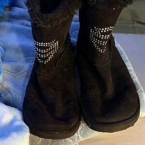 Black Fur-Lined Harley Davidson Women's Boots with Rhinestone Detail